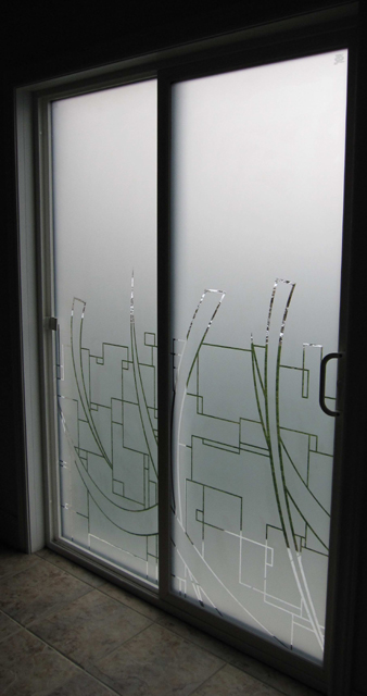 decorative privacy film with abstract squares and crecents graphic cut in