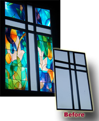 church sanctuary window faux stained glass with window film installed in Toronto