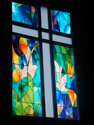 church sanctuary with faux stained glass window film installed int GTA